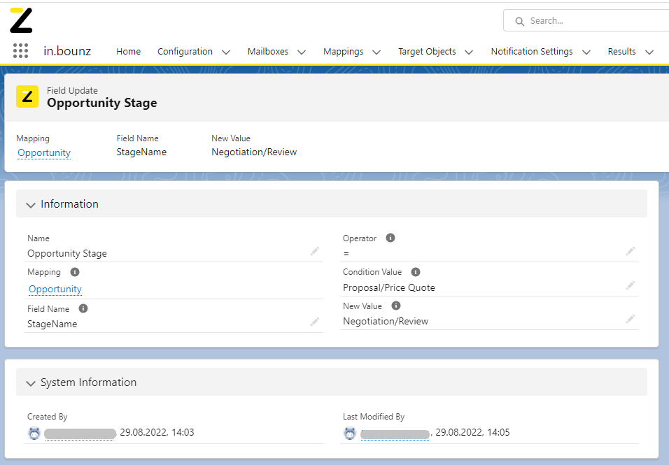 in.bounz I Field Updates einrichten